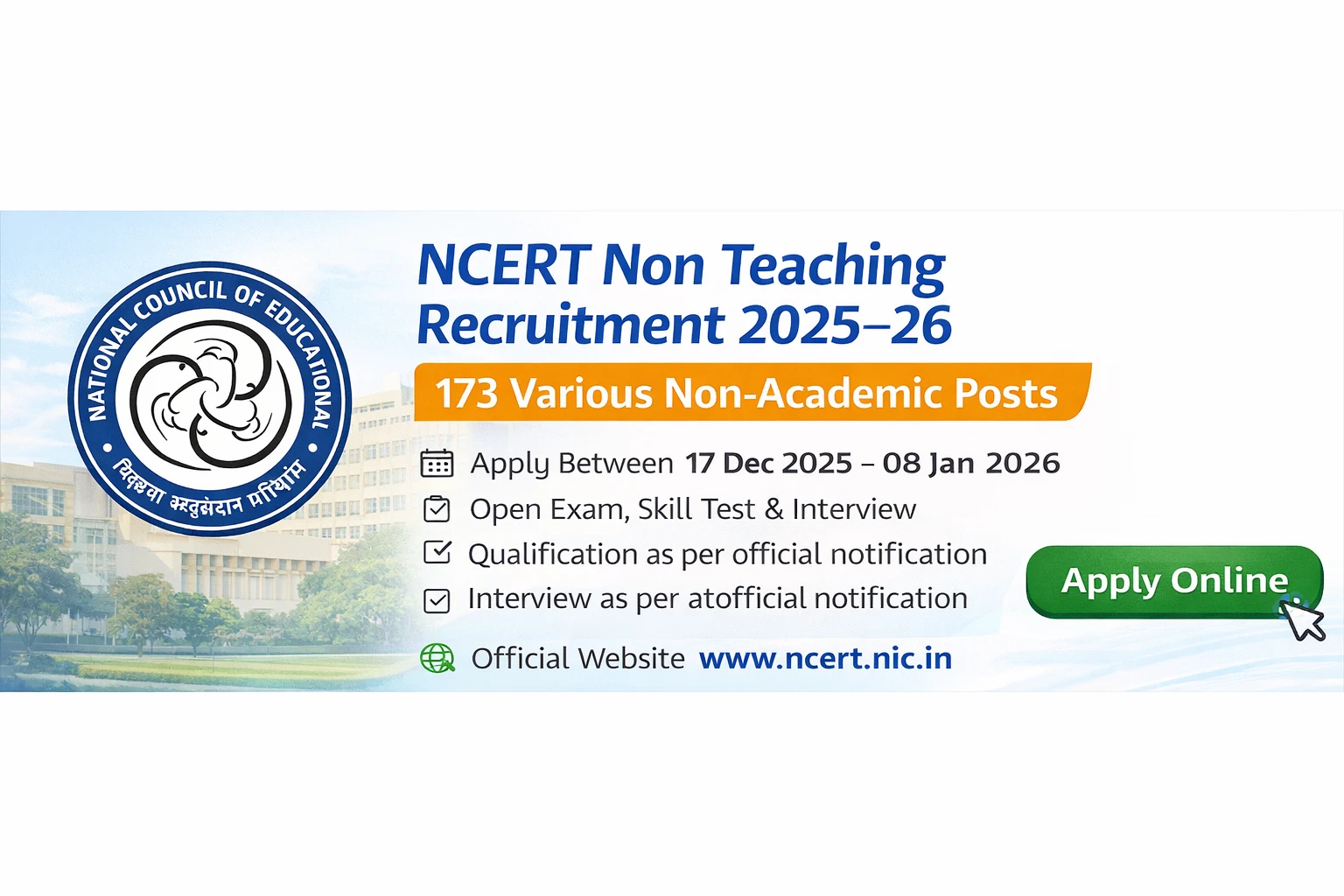 NCERT Non Teaching Recruitment 2025-26 For 173 Posts